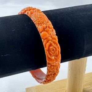 Vintage Celluloid Carved Floral Coral Orange Bangle Bracelet '20s-40s 7.75" NICE